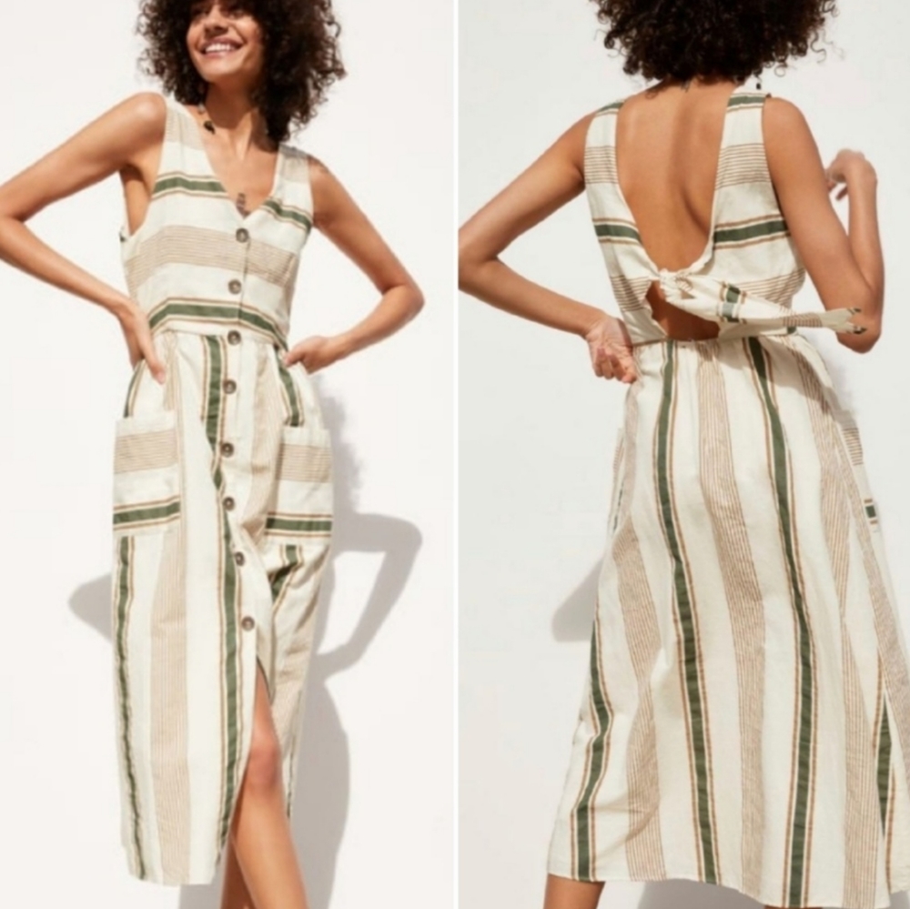Zara Ecru Striped Rustic Midi Tie Back Sun Dress